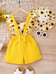 SHEIN 小女童向日葵圖案荷葉邊前蝴蝶結背帶連體短褲帶配件帽 - 彩色 - 查看 2