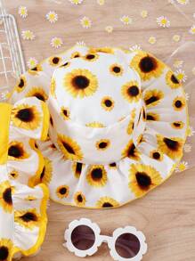 SHEIN 小女童向日葵圖案荷葉邊前蝴蝶結背帶連體短褲帶配件帽 - 彩色 - 查看 4