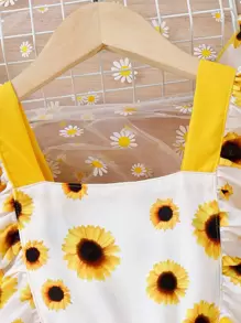 SHEIN 小女童向日葵圖案荷葉邊前蝴蝶結背帶連體短褲帶配件帽 - 彩色 - 查看 5