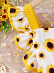 SHEIN 小女童向日葵圖案荷葉邊前蝴蝶結背帶連體短褲帶配件帽 - 彩色 - 查看 6