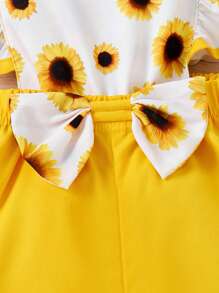 SHEIN 小女童向日葵圖案荷葉邊前蝴蝶結背帶連體短褲帶配件帽 - 彩色 - 查看 7