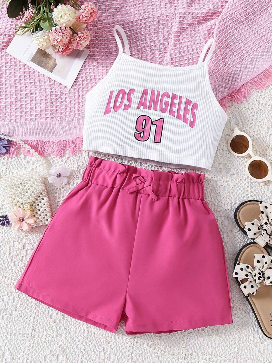 SHEIN Cô gái Tween Đồ họa Chữ cái Cami ngọn & Nếp gấp cao eo Nơ mặt trước Quần short - Nhiều màu - Xem 1