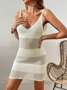 SHEIN VCAY Hollow Out Cover Up Dress Without Belt For Summer Beach Vacation - Beige - View 1