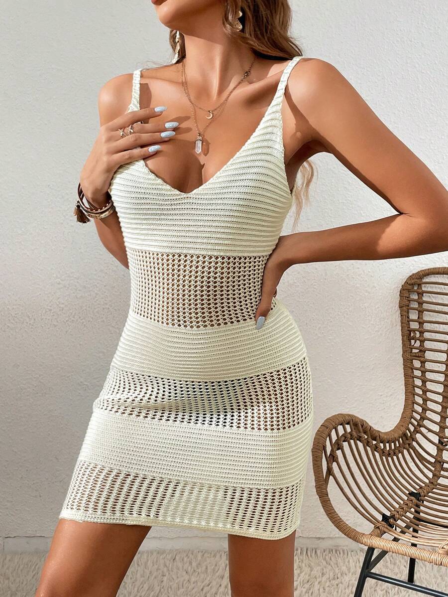 SHEIN VCAY Hollow Out Cover Up Dress Without Belt For Summer Beach Vacation - Beige - View 1