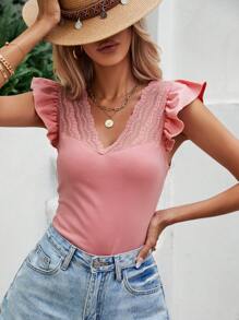 SHEIN Frenchy Camiseta con encaje en contraste ribete con fruncido - Rosa vieja - Ver 1