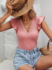 SHEIN Frenchy Camiseta con encaje en contraste ribete con fruncido - Rosa vieja - Ver 2