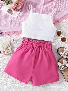 SHEIN Cô gái Tween Đồ họa Chữ cái Cami ngọn & Nếp gấp cao eo Nơ mặt trước Quần short - Nhiều màu - Xem 2