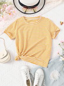 Tween Girl Striped Print Tee Without Shorts - Yellow - View 1