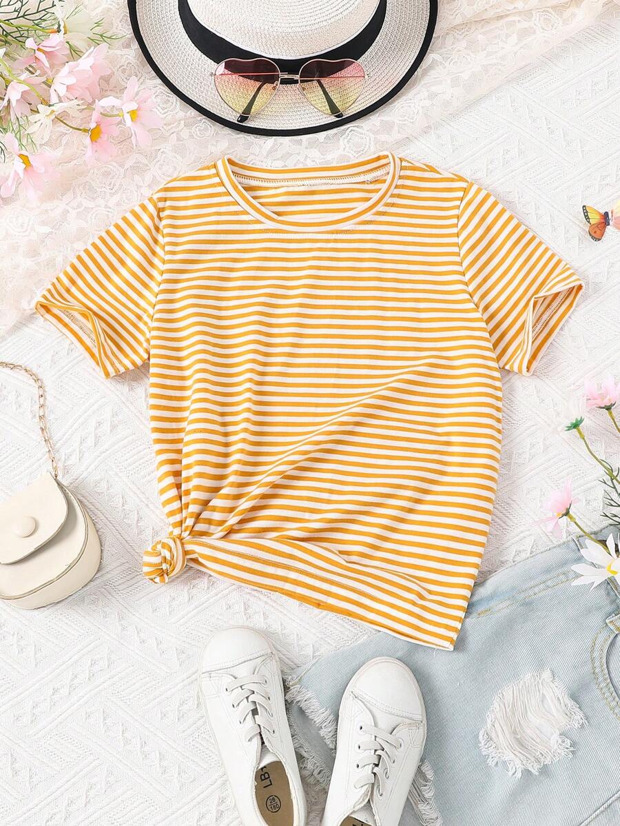 Tween Girl Striped Print Tee Without Shorts - Yellow - View 1