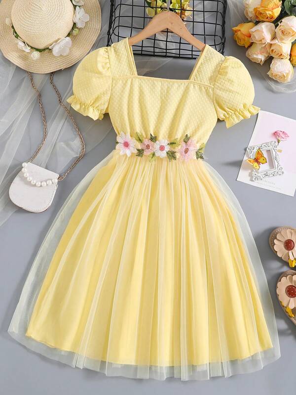 SHEIN Glamorique Kids Tween Girl Rochie A-Line din tul cu mâneci scurte brodate cu curea de flori, rochie de printesa de petrecere/aniversari