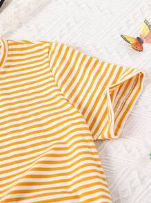 Tween Girl Striped Print Tee Without Shorts - Yellow - View 3