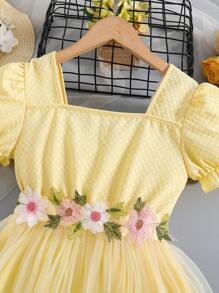 女童刺绣花朵束带薄纱泡泡裙公主派对礼服，花童婚礼场合 - 黃色 - 查看 6