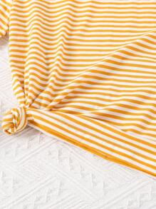 Tween Girl Striped Print Tee Without Shorts - Yellow - View 5