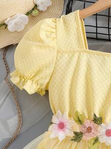 女童刺绣花朵束带薄纱泡泡裙公主派对礼服，花童婚礼场合 - 黃色 - 查看 7