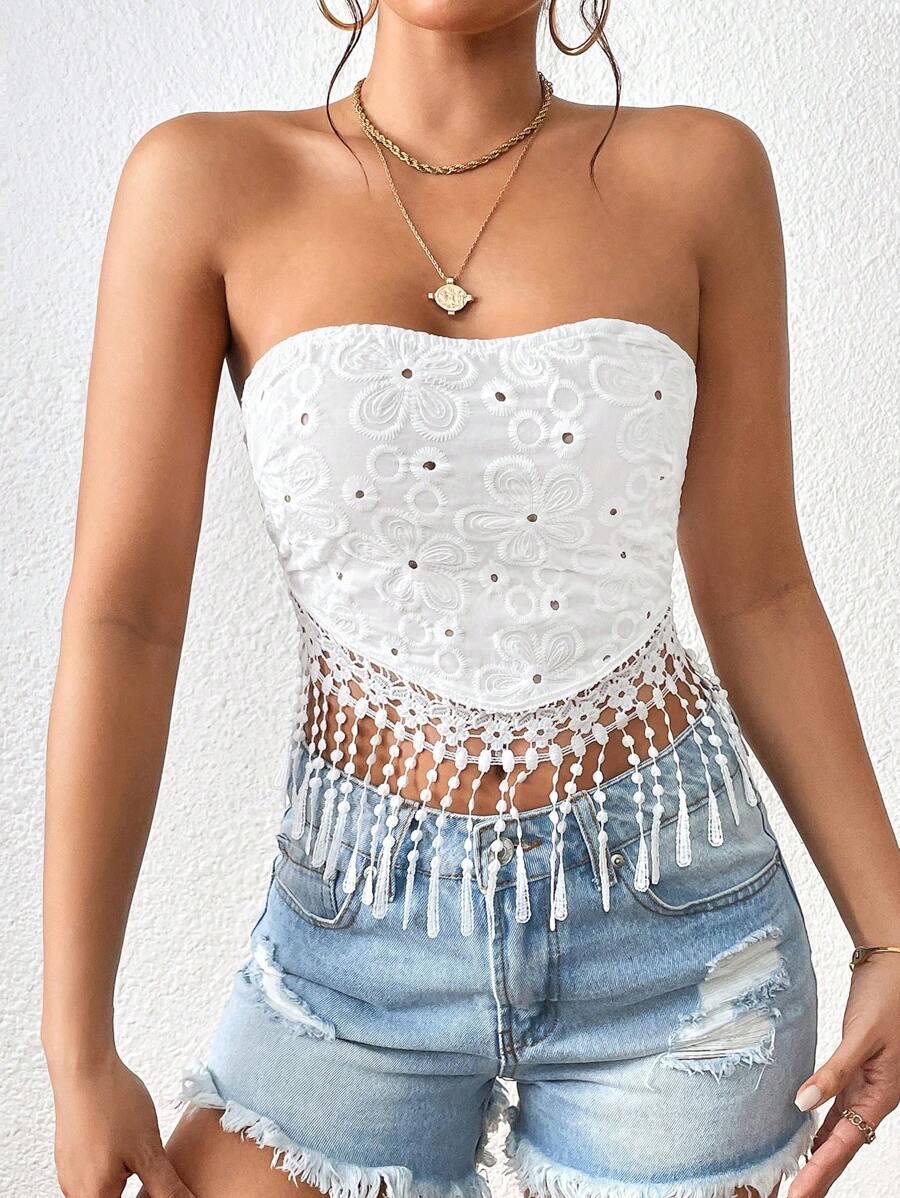 Soleia 流蘇下擺網眼刺繡抹胸上衣