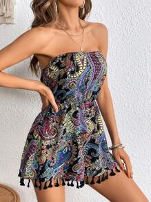 SHEIN VCAY Paisley Print Tassel Trim Tube Romper - Multicolor - View 1