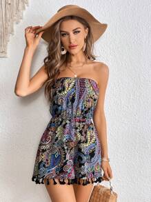 SHEIN VCAY Paisley Print Tassel Trim Tube Romper - Multicolor - View 5