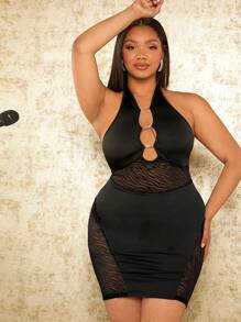 SHEIN SXY Đầm Plus Size Lộ Lưng Cắt ra Nhẫn Sọc ngựa vằn Gợi cảm - màu đen - Xem 5