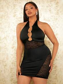SHEIN SXY Đầm Plus Size Lộ Lưng Cắt ra Nhẫn Sọc ngựa vằn Gợi cảm - màu đen - Xem 6