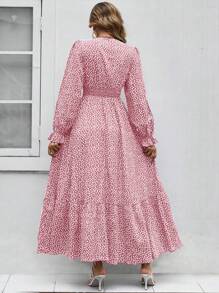 SHEIN Holidaya Ditsy Floral Print Flounce Sleeve Ruffle Hem Dress Fall Cloth For Women - Pink - View 2