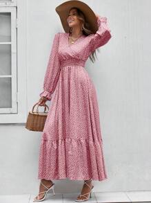 SHEIN Holidaya Ditsy Floral Print Flounce Sleeve Ruffle Hem Dress Fall Cloth For Women - Pink - View 3
