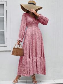 SHEIN Holidaya Ditsy Floral Print Flounce Sleeve Ruffle Hem Dress Fall Cloth For Women - Pink - View 6