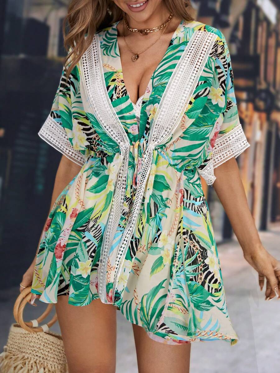SHEIN VCAY Kimono con estampado tropical con encaje en contraste de cintura con cordón - Multicolor - Ver 1