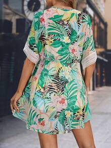 SHEIN VCAY Kimono con estampado tropical con encaje en contraste de cintura con cordón - Multicolor - Ver 2