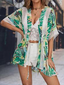 SHEIN VCAY Kimono con estampado tropical con encaje en contraste de cintura con cordón - Multicolor - Ver 5