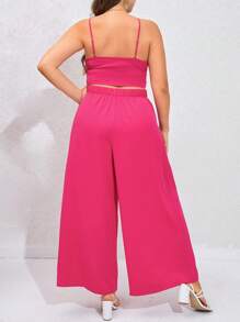 Dreamara 大碼前打結荷葉邊吊帶上衣和闊腿褲 - 玫紅色 - 查看 2