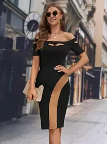 SHEIN Clasi 拼接面鉛筆裙 - 駝色 - 查看 6