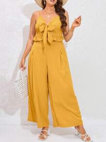 Dreamara 大碼前打結荷葉邊吊帶上衣和闊腿褲 - 黃色 - 查看 3