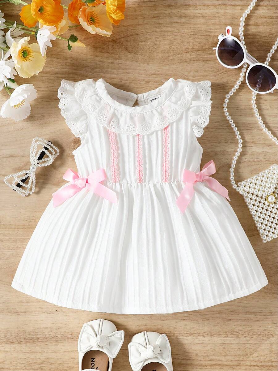 嬰兒蕾絲拼接荷葉邊前蝴蝶結百褶細節連衣裙 - 白色 - 查看 1