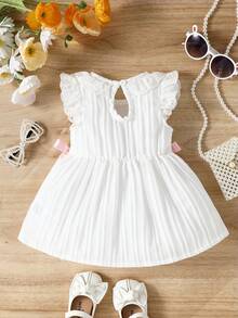 嬰兒蕾絲拼接荷葉邊前蝴蝶結百褶細節連衣裙 - 白色 - 查看 2