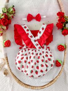 SHEIN Baby Strawberry Print Ruffle Trim Bow Front Overall Bodysuit - Red and White - View 2