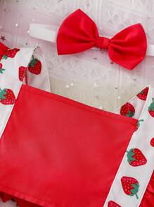SHEIN Baby Strawberry Print Ruffle Trim Bow Front Overall Bodysuit - Red and White - View 3