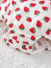 SHEIN Baby Strawberry Print Ruffle Trim Bow Front Overall Bodysuit - Red and White - View 5