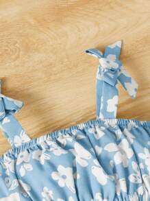 SHEIN Bộ đồ Em bé Nơ Bướm Thắt nút Dải chun Quần paper-bag Hoa Tất cả trên in - Xanh và trắng - Xem 3