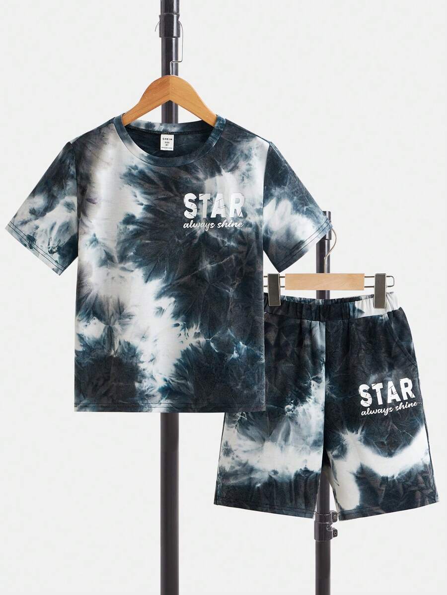 SHEIN 男孩紮染字母圖案T恤和短褲 - 藏蓝色 - 查看 1