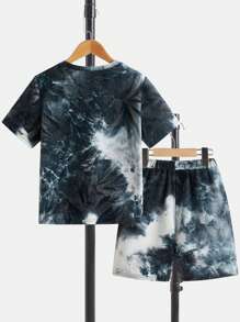 SHEIN 男孩紮染字母圖案T恤和短褲 - 藏蓝色 - 查看 2