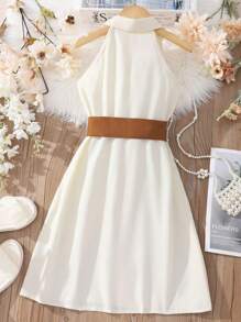 SHEIN Đầm Gái Nút phía trước màu trơn Giải trí - Màu be - Xem 2