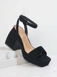 人造牛巴革PU皮革踝帶方跟鞋 - 黑色 - 查看 1