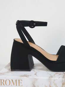 人造牛巴革PU皮革踝帶方跟鞋 - 黑色 - 查看 4