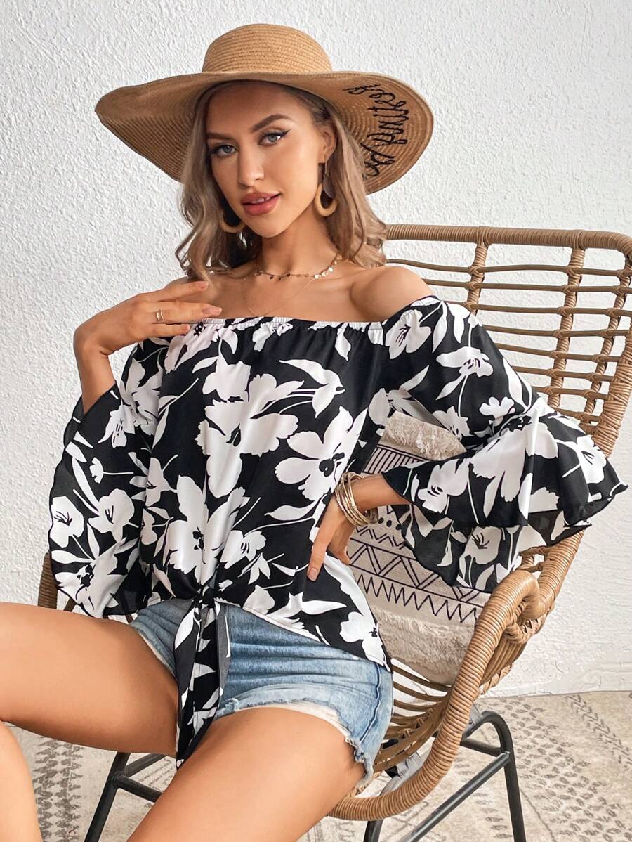 SHEIN VCAY Floral Print Off Shoulder Knot Hem Blouse - Black and White - View 1
