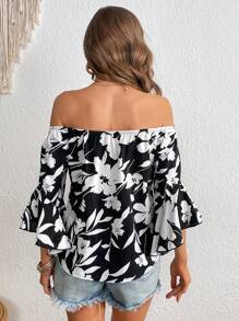SHEIN VCAY Floral Print Off Shoulder Knot Hem Blouse - Black and White - View 2