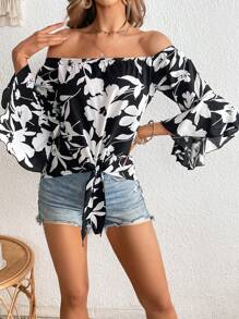 SHEIN VCAY Floral Print Off Shoulder Knot Hem Blouse - Black and White - View 4