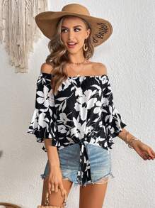 SHEIN VCAY Floral Print Off Shoulder Knot Hem Blouse - Black and White - View 6