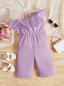 SHEIN Baby Asymmetrical Neck Ruffle Trim Jumpsuit - Lilac Purple - View 1