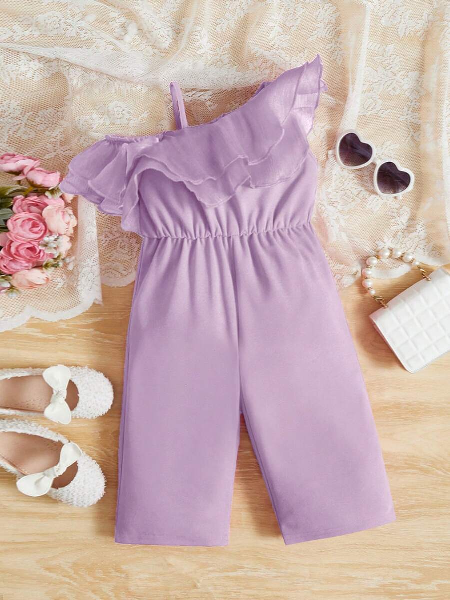SHEIN Baby Asymmetrical Neck Ruffle Trim Jumpsuit - Lilac Purple - View 1