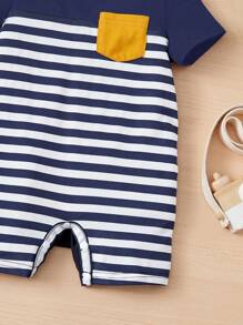 SHEIN Đứa bé trai Sọc Đã vá Túi Romper - Xanh và trắng - Xem 3